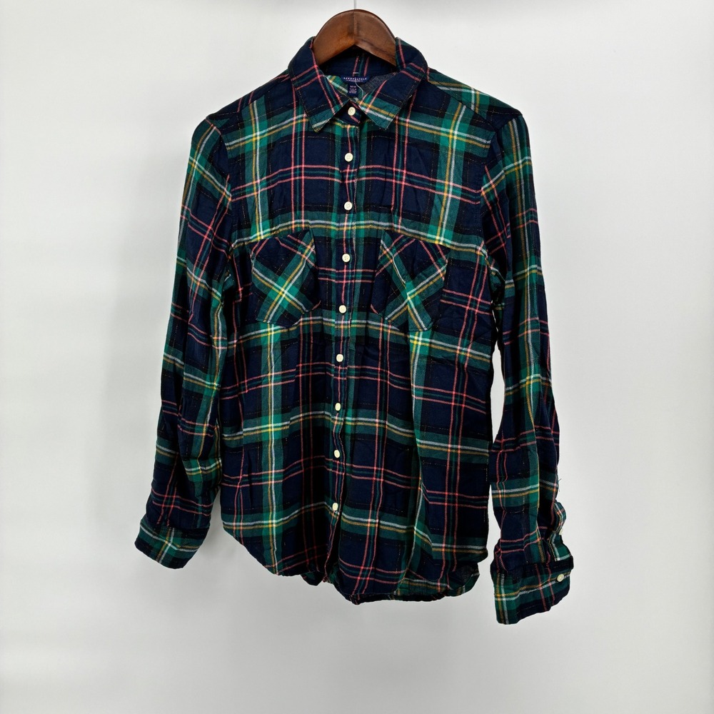 Aeropostale Womens Medium Plaid Button Down Shirt Navy Green Pink Lurex NWT